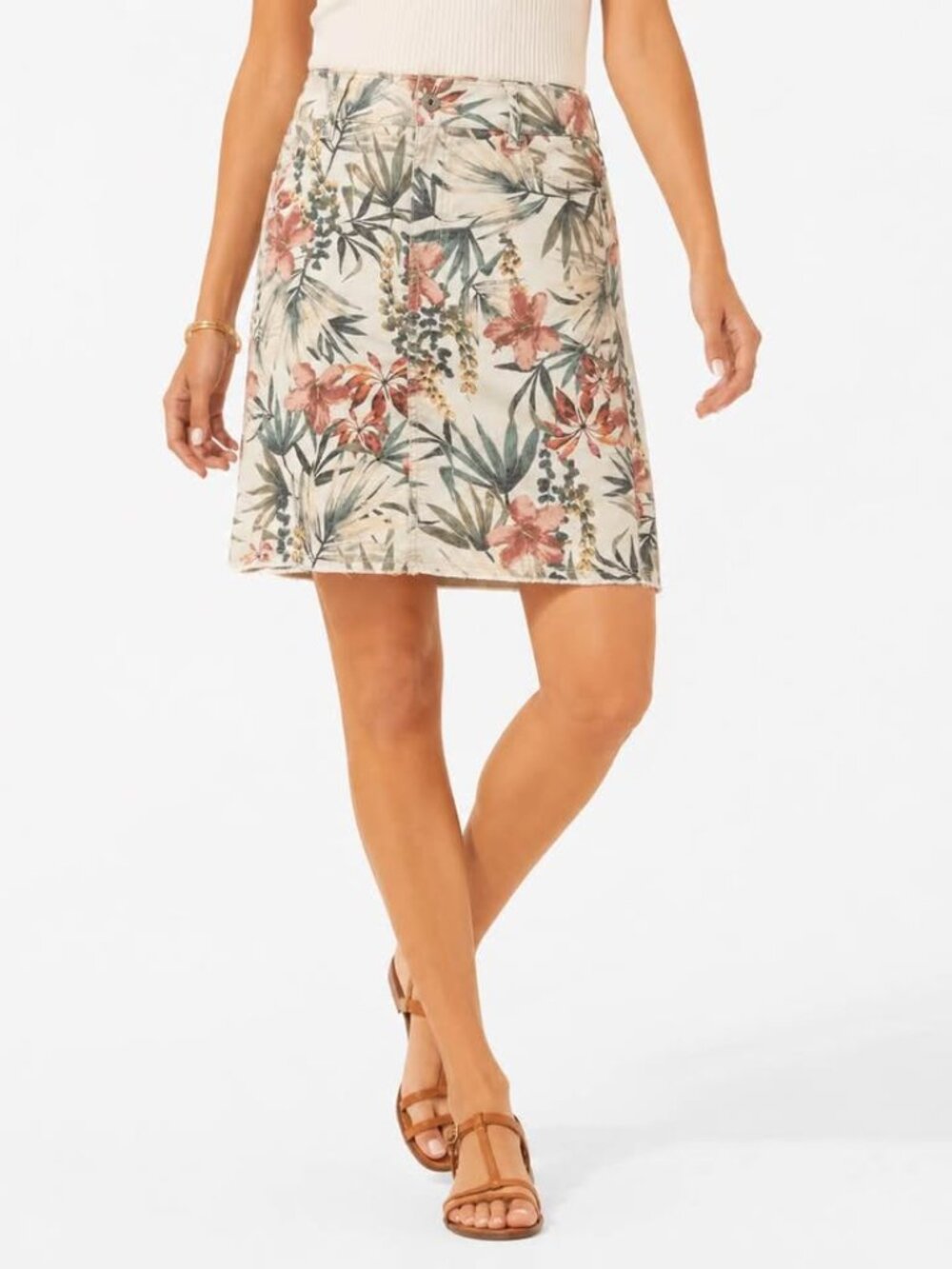 Charlie B Boho-Casual Chic Pastel Floral Frayed Hem Resort Denim Skort [size 10]